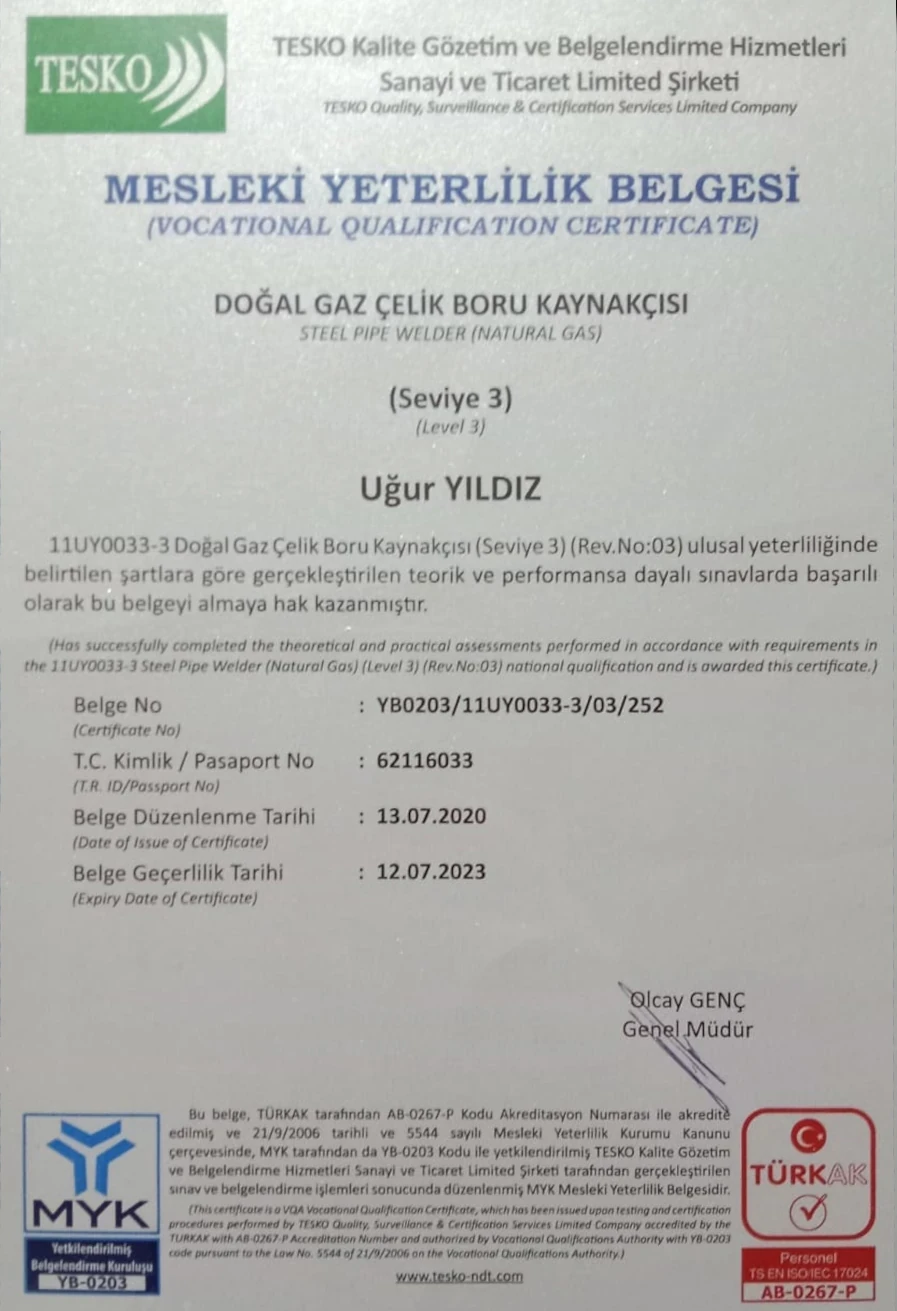 doğalgaz çelik boru kaynakçısı belgesi