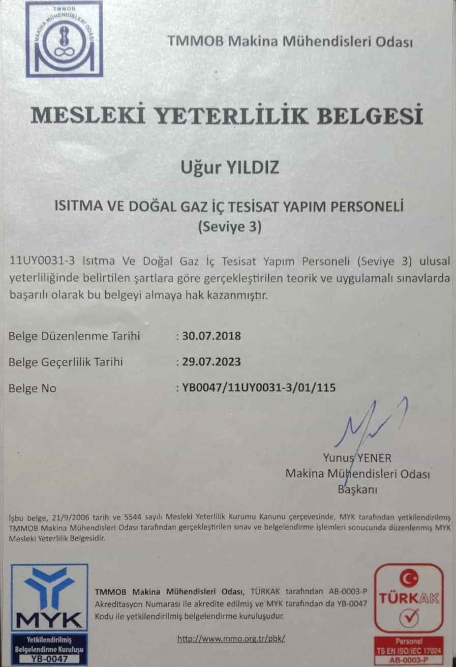 doğalgaz iç tesisat yapım personeli seviye 3
