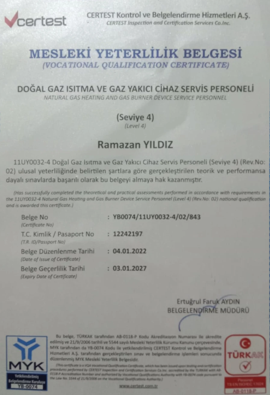doğalgaz ısıtma ve gaz yakıcı cihaz servis personeli