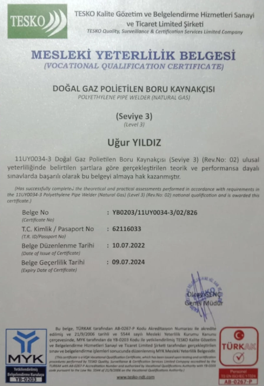 doğalgaz polieliten boru kaynakçısı belgesi