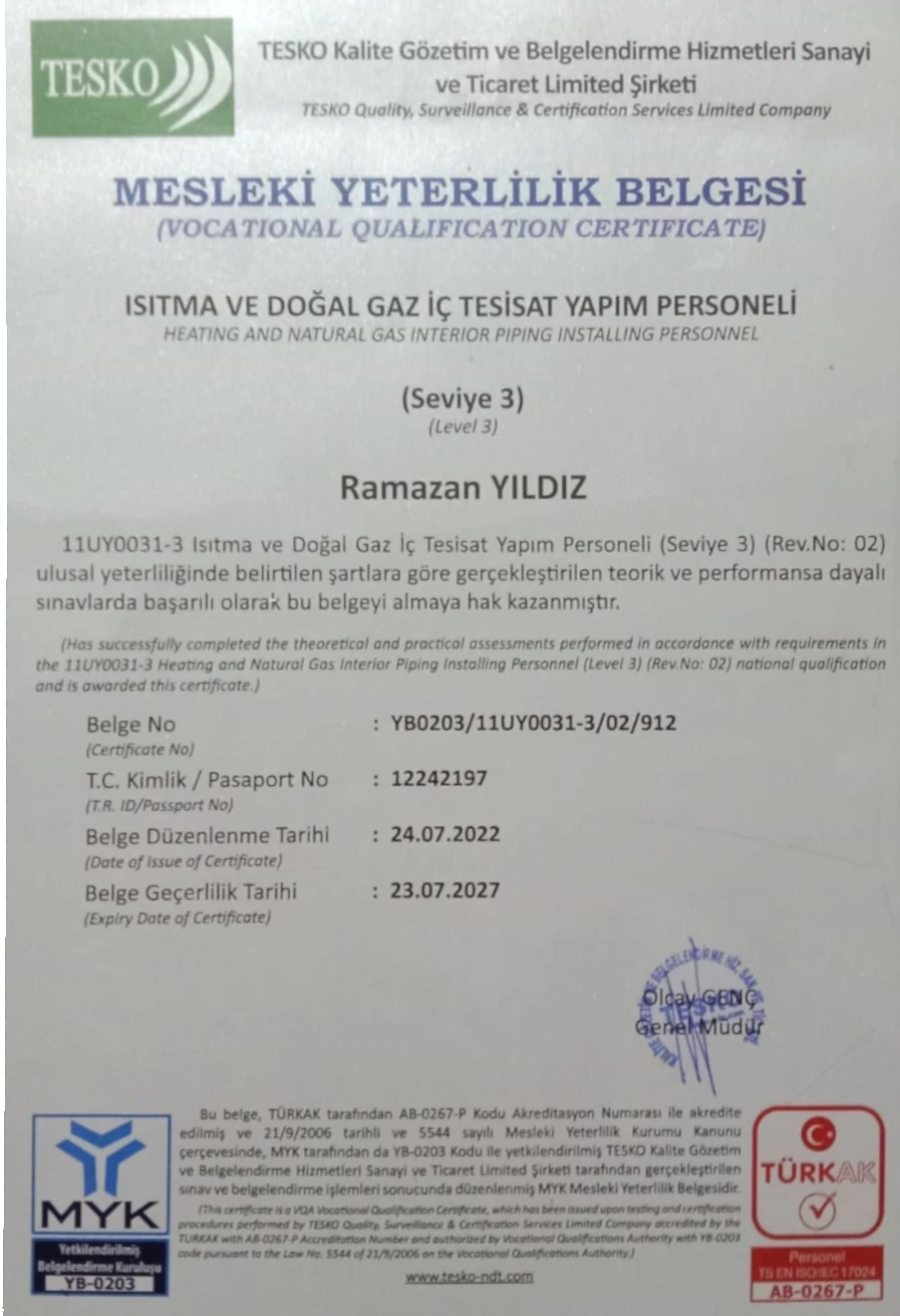 ısıtma ve doğalgaz iç tesisat yapım personeli belgesi